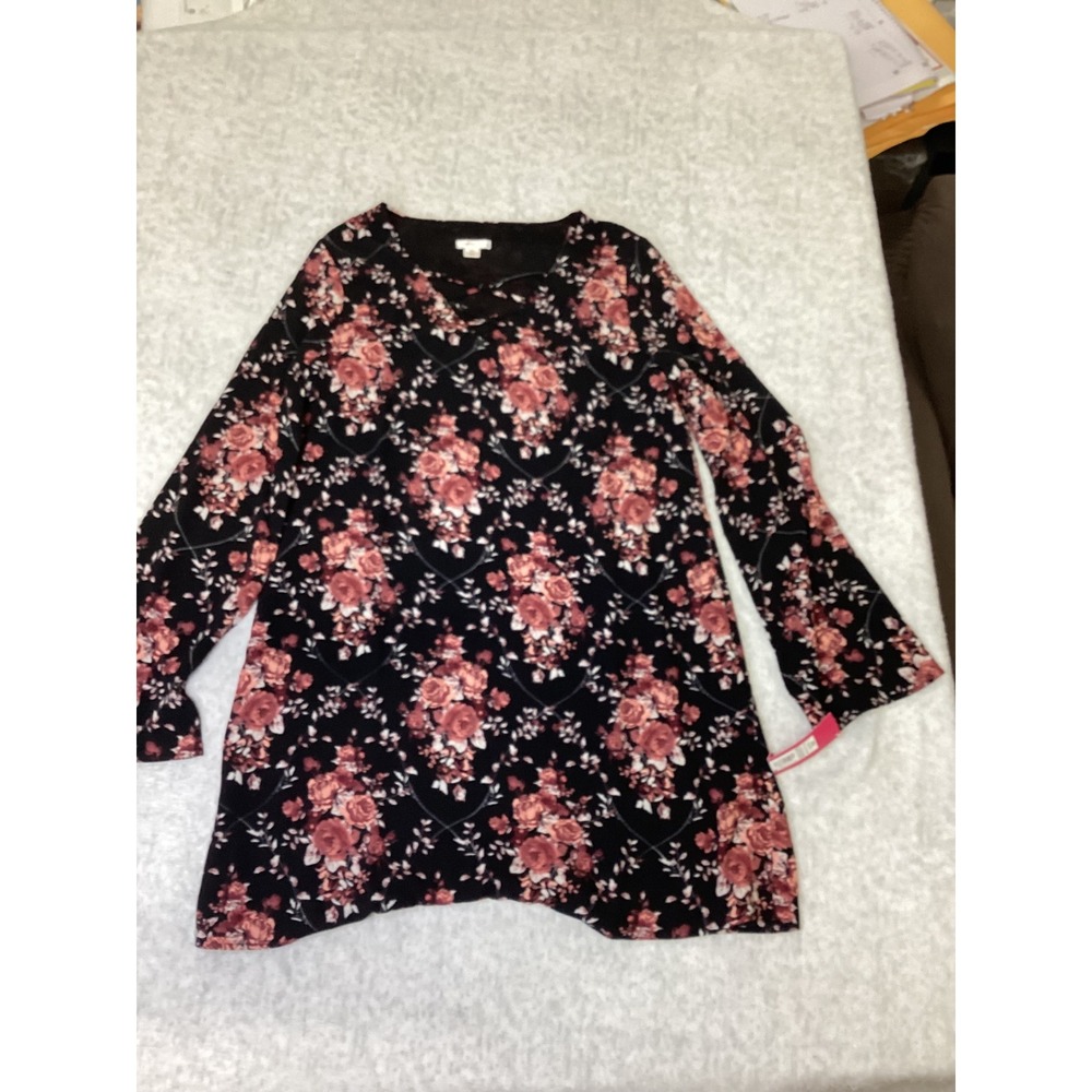 Xhilaration Womens XS Black Pink Floral Lattice Neck Long Sleeve Shift Dress NEW